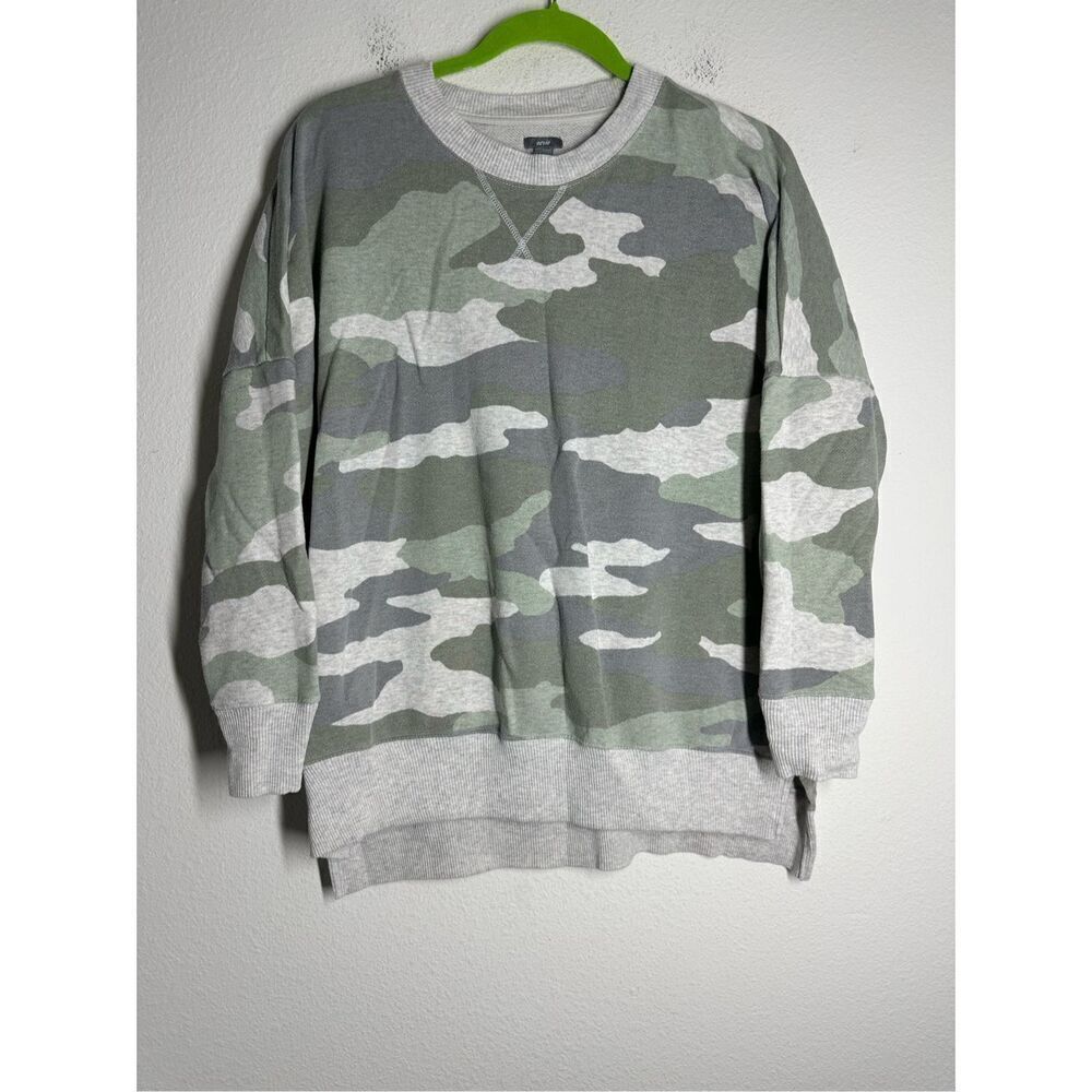 Aerie Oversized Sweatshirt Womens Sz  SP Crewneck Green Camo Pullover Side Split
